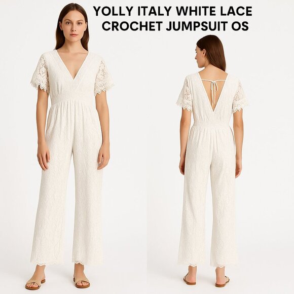 Yolly Italy White Lace Crochet Jumpsuit OS Wide Leg V-Neck - Picture 1 of 14
